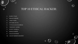 TOP 10 ETHICAL HACKER:
1) RAHUL TYAGI
2) PRANAV MISTRY
3) ANKIT FADIA
4) KOUSHIK DUTTA
5) VIVEK RAMACHANDRAN
6) TRISHNEET ARORA
7) SUNNY VAGHELA
8) BENILD JOSEPH
9) FALGUN RATHOD
10) JAYANT KRISHNAMURTHY
 