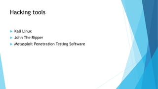 Hacking tools
 Kali Linux
 John The Ripper
 Metasploit Penetration Testing Software
 