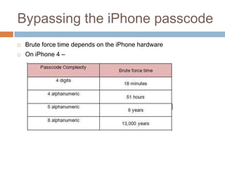 Bypassing the iPhone passcode
   Brute force time depends on the iPhone hardware
   On iPhone 4 –
 