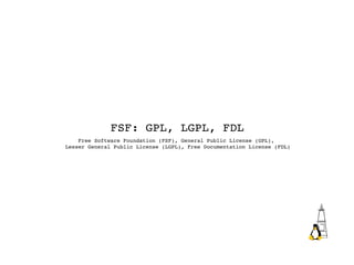 FSF: GPL, LGPL, FDL Free Software Foundation (FSF), General Public License (GPL),  Lesser General Public License (LGPL), Free Documentation License (FDL) 