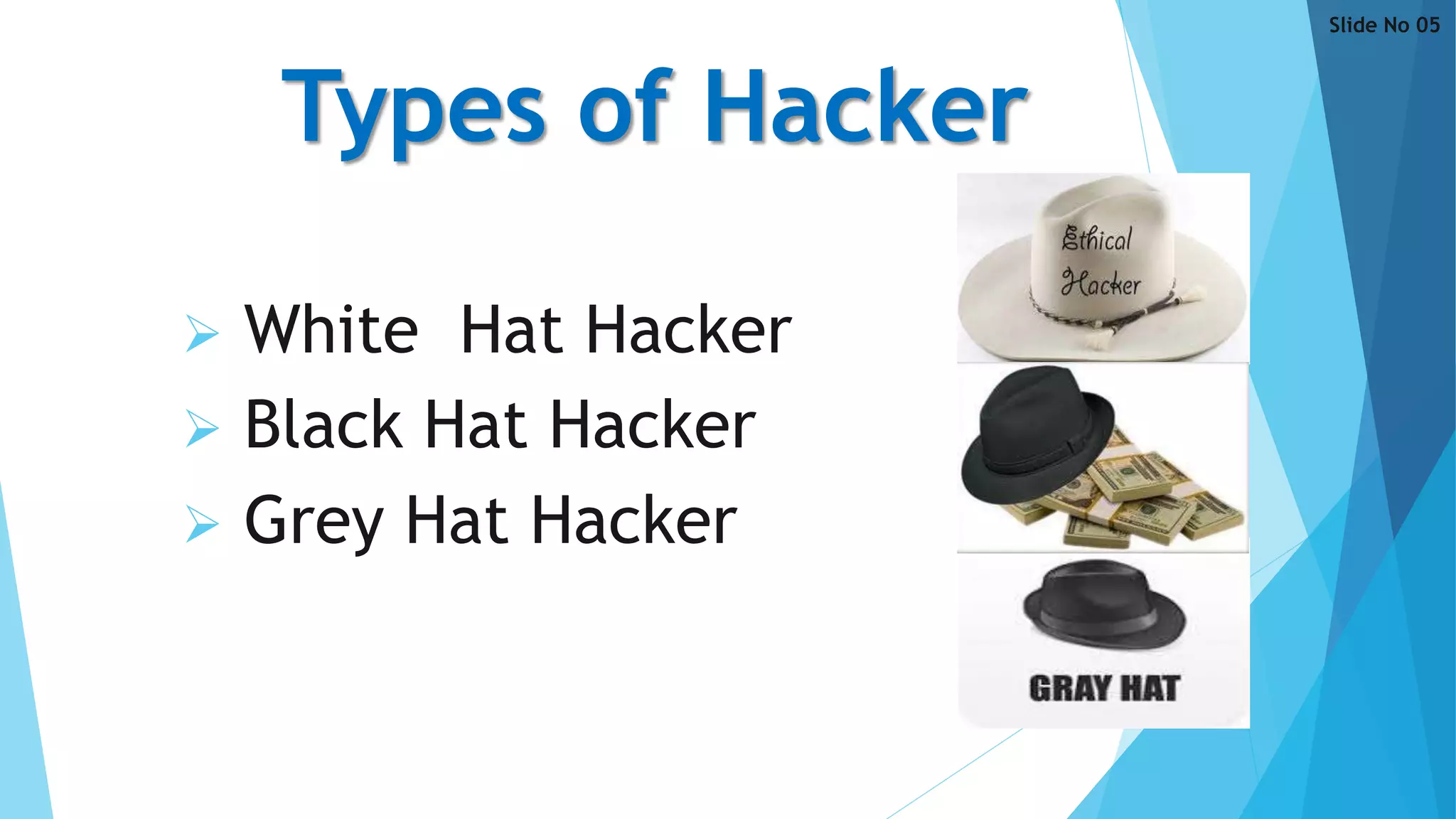  White Hat Hacker
 Black Hat Hackerce websites
 Grey Hat Hacker
Types of Hacker
Slide No 05
 