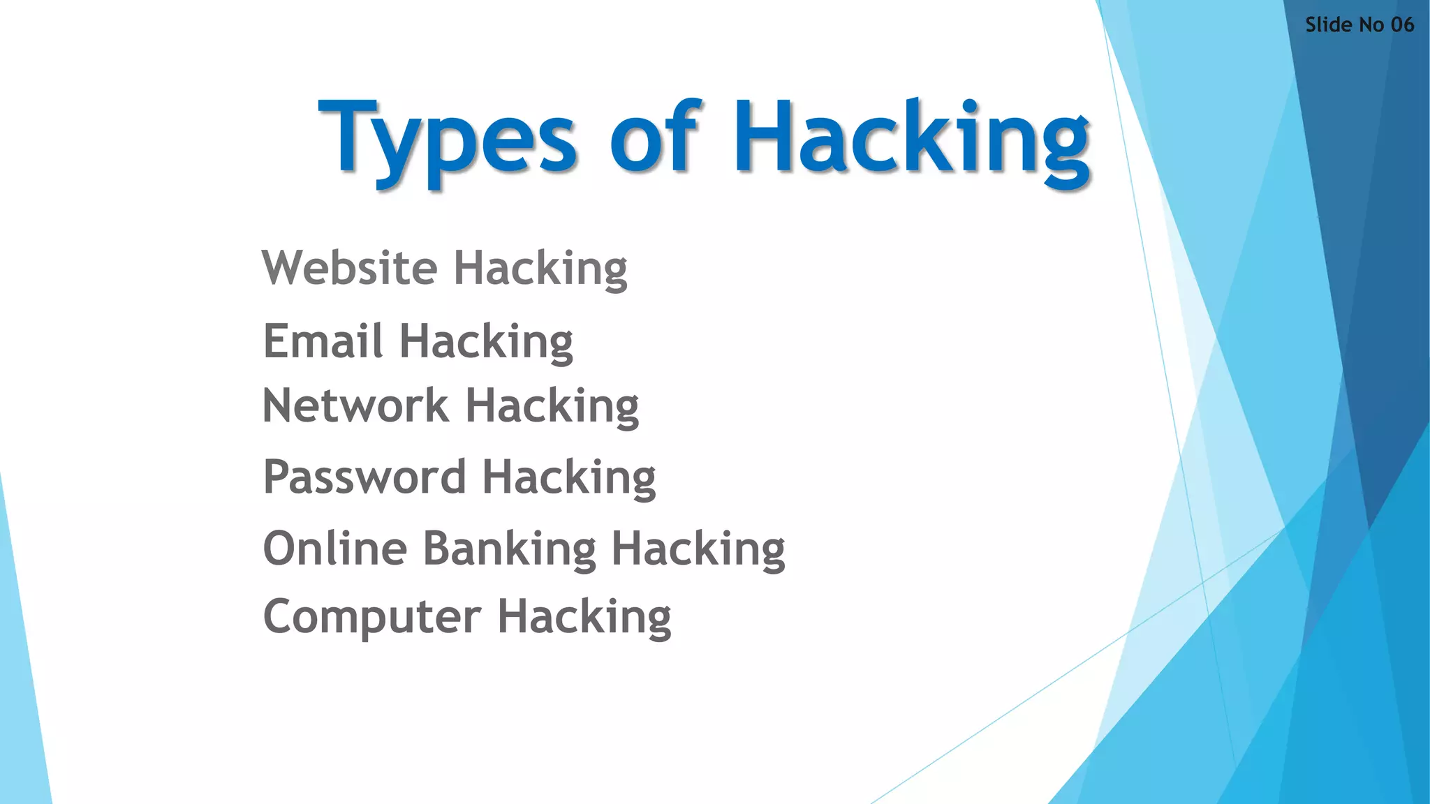 Website Hacking
Email Hacking
Network Hacking
Online Banking Hacking
Password Hacking
Computer Hacking
Types of Hacking
Slide No 06
 