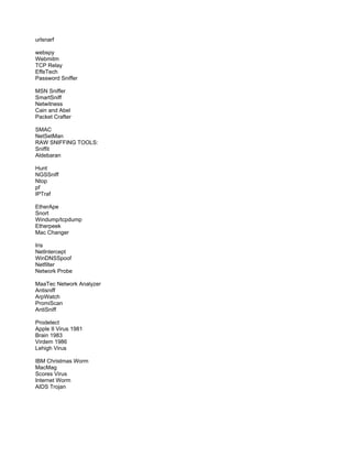 urlsnarf
webspy
Webmitm
TCP Relay
EffeTech
Password Sniffer
MSN Sniffer
SmartSniff
Netwitness
Cain and Abel
Packet Crafter
SMAC
NetSetMan
RAW SNIFFING TOOLS:
Sniffit
Aldebaran
Hunt
NGSSniff
Ntop
pf
IPTraf
EtherApe
Snort
Windump/tcpdump
Etherpeek
Mac Changer
Iris
NetIntercept
WinDNSSpoof
Netfilter
Network Probe
MaaTec Network Analyzer
Antisniff
ArpWatch
PromiScan
AntiSniff
Prodetect
Apple II Virus 1981
Brain 1983
Virdem 1986
Lehigh Virus
IBM Christmas Worm
MacMag
Scores Virus
Internet Worm
AIDS Trojan
 