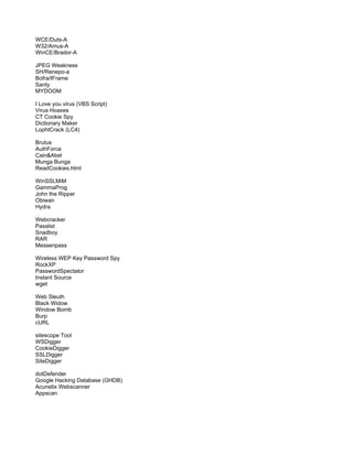 WCE/Duts-A
W32/Amus-A
WinCE/Brador-A
JPEG Weakness
SH/Renepo-a
Bofra/IFrame
Santy
MYDOOM
I Love you virus (VBS Script)
Virus Hoaxes
CT Cookie Spy
Dictionary Maker
LophtCrack (LC4)
Brutus
AuthForce
CainAbel
Munga Bunga
ReadCookies.html
WinSSLMiM
GammaProg
John the Ripper
Obiwan
Hydra
Webcracker
Passlist
Snadboy
RAR
Messenpass
Wireless WEP Key Password Spy
RockXP
PasswordSpectator
Instant Source
wget
Web Sleuth
Black Widow
Window Bomb
Burp
cURL
sitescope Tool
WSDigger
CookieDigger
SSLDigger
SiteDigger
dotDefender
Google Hacking Database (GHDB)
Acunetix Webscanner
Appscan
 
