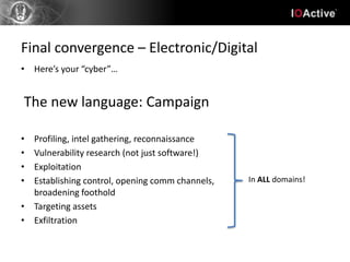 Final convergence – Electronic/Digital
• Here’s your “cyber”…


The new language: Campaign

• Profiling, intel gathering, reconnaissance
• Vulnerability research (not just software!)
• Exploitation
• Establishing control, opening comm channels,   In ALL domains!
  broadening foothold
• Targeting assets
• Exfiltration
 