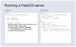 Running a FastCGI server
nginx HHVM
server {
server_name www.example.com;
root /var/www;
index index.php;
location ~ .php$...