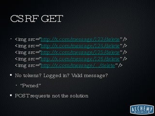 CSRF GET <img src=” http://x.com/message/123/delete ”/> <img src=” http://x.com/message/124/delete ”/> <img src=” http://x.com/message/125/delete ”/> <img src=” http://x.com/message/126/delete ”/> <img src=” http://x.com/message/.../delete ”/> No tokens? Logged in? Valid message? “Pwned” POST requests not the solution 