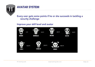 Every user gets some points if he or she succeeds in tackling a
   security challenge

Improve your skill level and avatar




© Hacking-Lab                 www.hacking-lab.com                 Slide 23
 