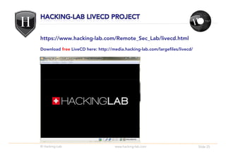 https://www.hacking-lab.com/Remote_Sec_Lab/livecd.html
Download free LiveCD here: http://media.hacking-lab.com/largefiles/livecd/




© Hacking-Lab                       www.hacking-lab.com                      Slide 25
 