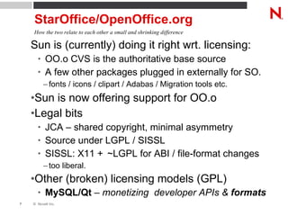 StarOffice/OpenOffice.org Sun is (currently) doing it right wrt. licensing: OO.o CVS is the authoritative base source A few other packages plugged in externally for SO. fonts / icons / clipart / Adabas / Migration tools etc. Sun is now offering support for OO.o Legal bits JCA – shared copyright, minimal asymmetry Source under LGPL / SISSL SISSL: X11 +  ~LGPL for ABI / file-format changes too liberal. Other (broken) licensing models (GPL) MySQL/Qt  –  monetizing  developer APIs &  formats How the two relate to each other a small and shrinking difference 