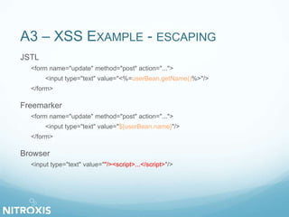 A3 – XSS EXAMPLE - ESCAPING
JSTL
<form name="update" method="post" action="...">
<input type="text" value="<%=userBean.getName()%>"/>
</form>
Freemarker
<form name="update" method="post" action="...">
<input type="text" value="${userBean.name}"/>
</form>
Browser
<input type="text" value=""/><script>...</script>"/>
 