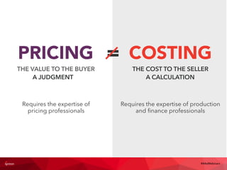 COSTING
THE COST TO THE SELLER
Requires the expertise of production
and ﬁnance professionals
A CALCULATION
PRICING
THE VALUE TO THE BUYER
=
A JUDGMENT
Requires the expertise of
pricing professionals
#4AsWebinars
 