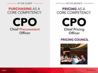 CPOChief Procurement
Ofﬁcer
PURCHASING AS A
CORE COMPETENCY
CPOChief Pricing
Ofﬁcer
PRICING AS A
CORE COMPETENCY
PRICING COUNCIL
AT THE CLIENT AT THE AGENCY
#4AsWebinars
 