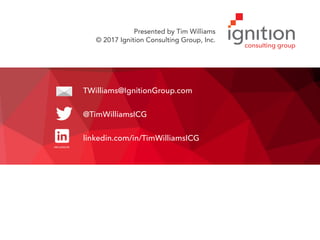 INFLUENCER
TWilliams@IgnitionGroup.com
@TimWilliamsICG
linkedin.com/in/TimWilliamsICG
Presented by Tim Williams
© 2017 Ignition Consulting Group, Inc.
 