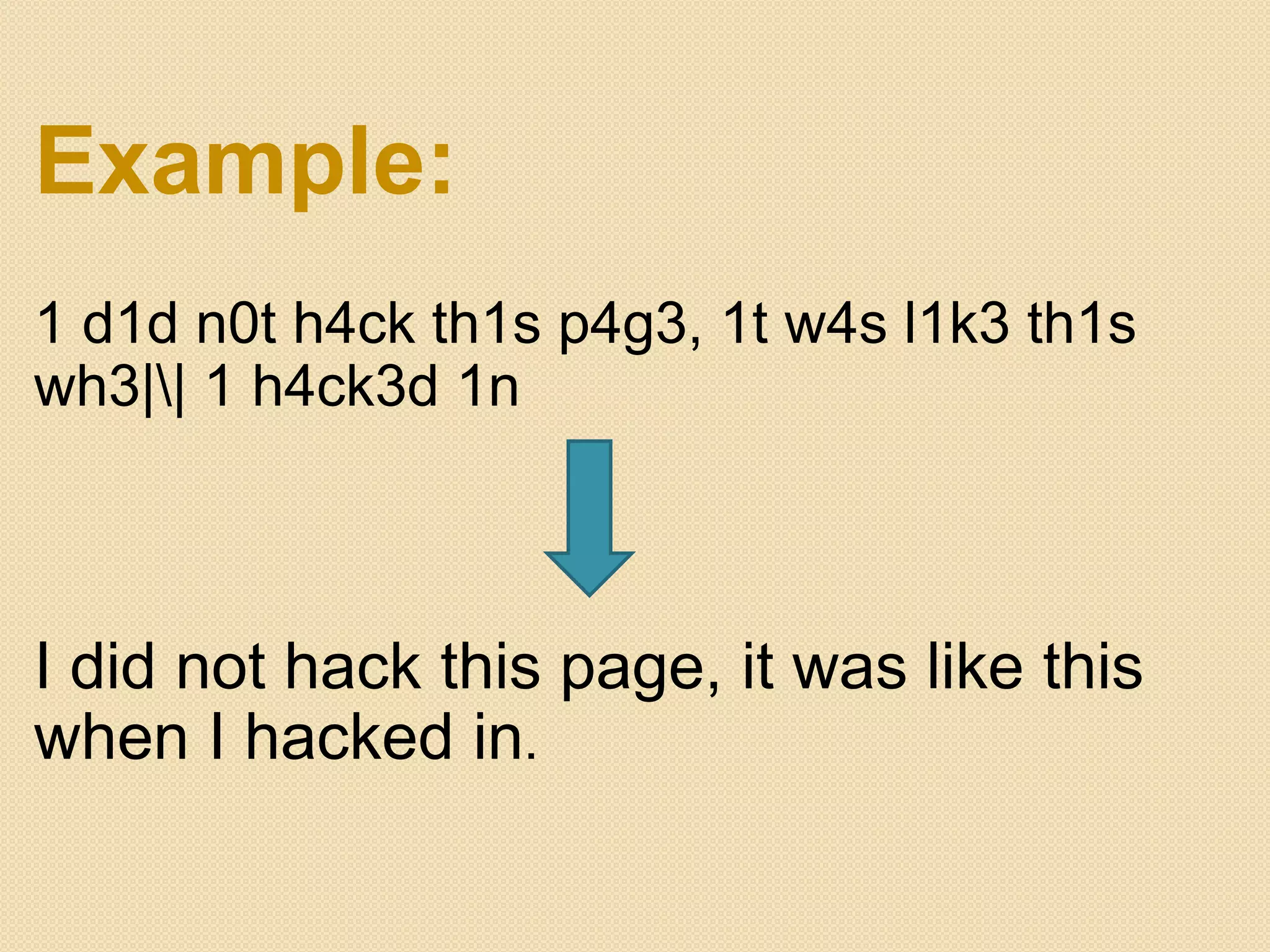Example:
1 d1d n0t h4ck th1s p4g3, 1t w4s l1k3 th1s
wh3|| 1 h4ck3d 1n



I did not hack this page, it was like this
when I hacked in.
 
