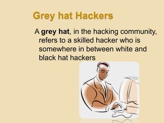 Grey hat Hackers
A grey hat, in the hacking community,
 refers to a skilled hacker who is
 somewhere in between white and
 black hat hackers
 