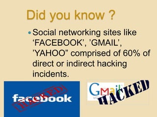 Did you know ?
 Socialnetworking sites like
 „FACEBOOK‟, ‟GMAIL‟,
 ‟YAHOO” comprised of 60% of
 direct or indirect hacking
 incidents.
 