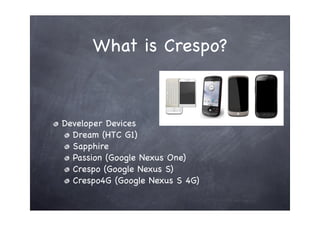 What is Crespo?



Developer Devices
  Dream (HTC G1)
  Sapphire
  Passion (Google Nexus One)
  Crespo (Google Nexus S)
  Crespo4G (Google Nexus S 4G)
 