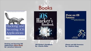 Books




Hacking and Securing iOS
                           iOS Hacker’s Handbook   iPhone and iOS Forensics
Application...