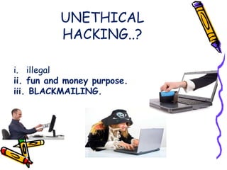 UNETHICAL 
HACKING..? 
i. illegal 
ii. fun and money purpose. 
iii. BLACKMAILING. 
 