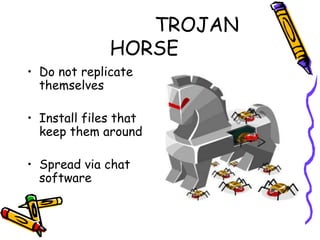 TROJAN 
HORSE 
• Do not replicate 
themselves 
• Install files that 
keep them around 
• Spread via chat 
software 
 