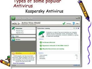 Types of some popular 
Antivirus 
Kaspersky Antivirus 
 