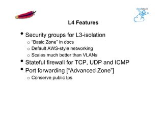 L4 Features
• Security groups for L3-isolation
o  “Basic Zone” in docs
o  Default AWS-style networking
o  Scales much better than VLANs
• Stateful firewall for TCP, UDP and ICMP
• Port forwarding [“Advanced Zone”]
o  Conserve public Ips
 