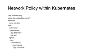 Network Policy within Kubernetes
kind: NetworkPolicy
apiVersion: networking.k8s.io/v1
metadata:
name: api-allow
spec:
podSelector:
matchLabels:
app: bookstore
role: api
ingress:
- from:
- podSelector:
matchLabels:
app: bookstore
 
