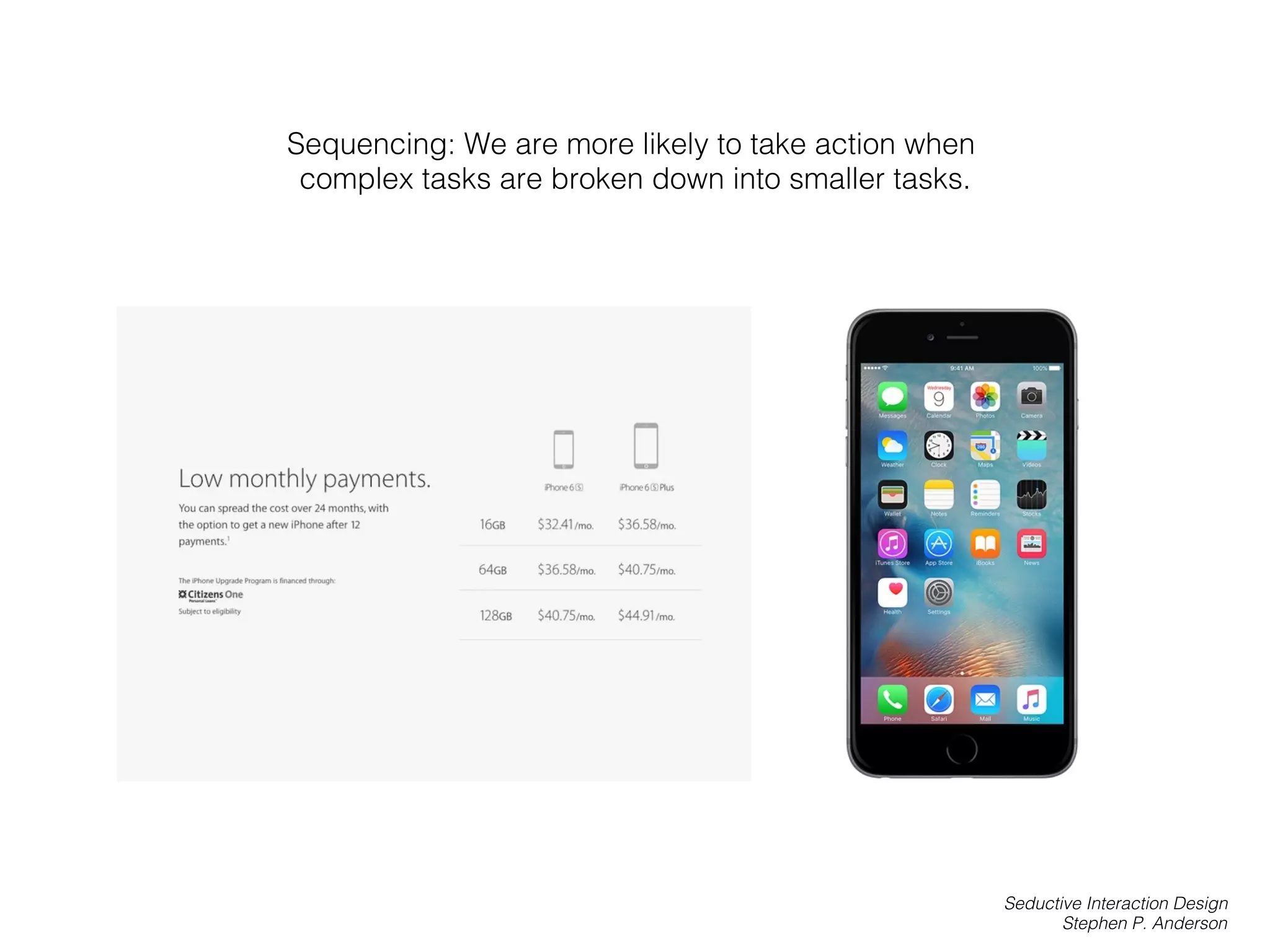 Sequencing: We are more likely to take action when
complex tasks are broken down into smaller tasks.!
Seductive Interaction Design!
Stephen P. Anderson!
 