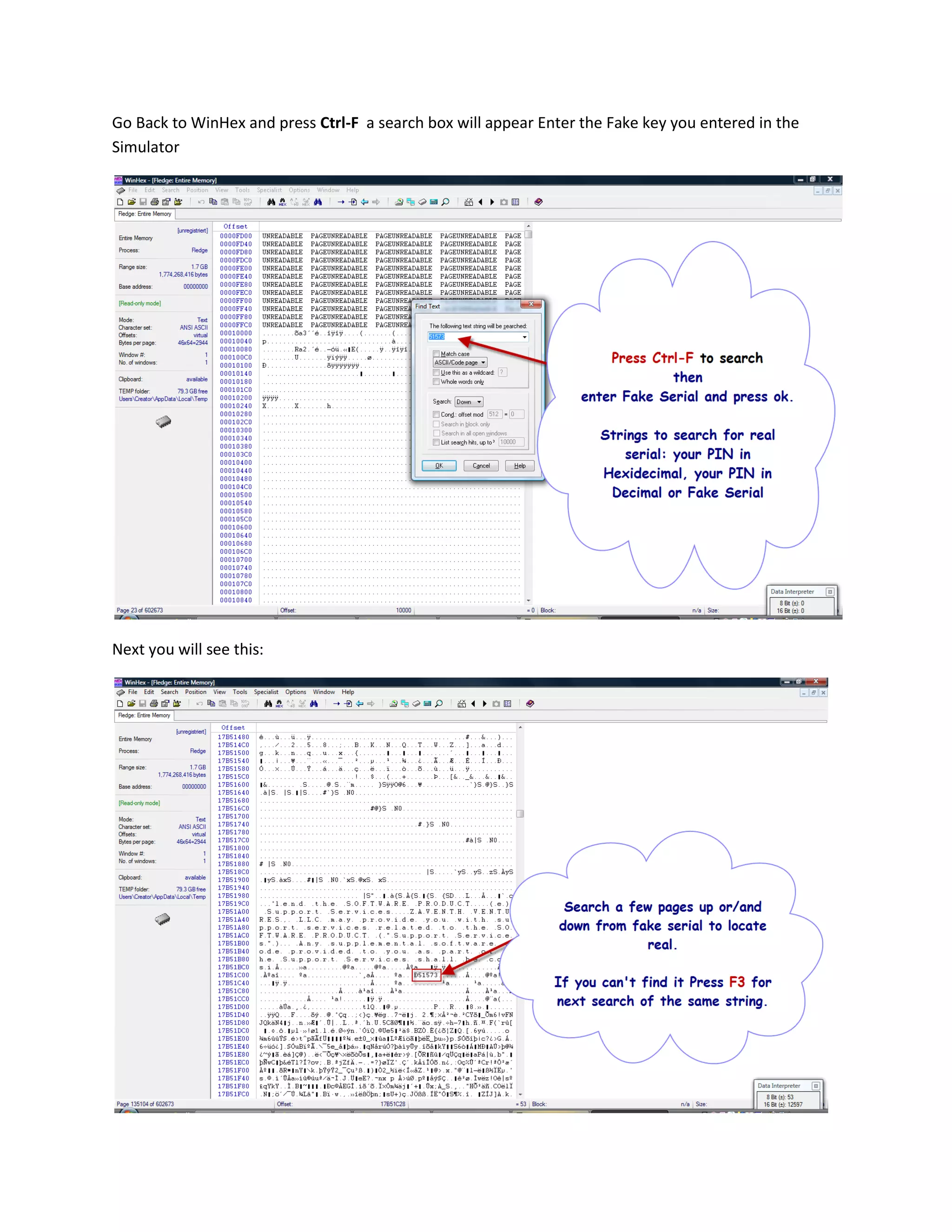 Go Back to WinHex and press Ctrl-F a search box will appear Enter the Fake key you entered in the
Simulator




Next you will see this:
 