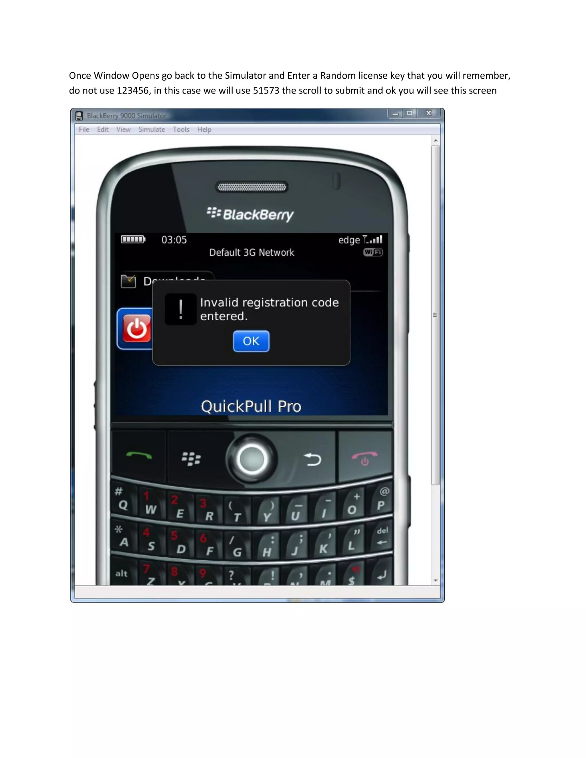 Once Window Opens go back to the Simulator and Enter a Random license key that you will remember,
do not use 123456, in this case we will use 51573 the scroll to submit and ok you will see this screen
 