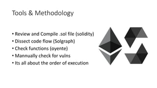 Tools & Methodology
• Review and Compile .sol file (solidity)
• Dissect code flow (Solgraph)
• Check functions (oyente)
• Mannually check for vulns
• Its all about the order of execution
 