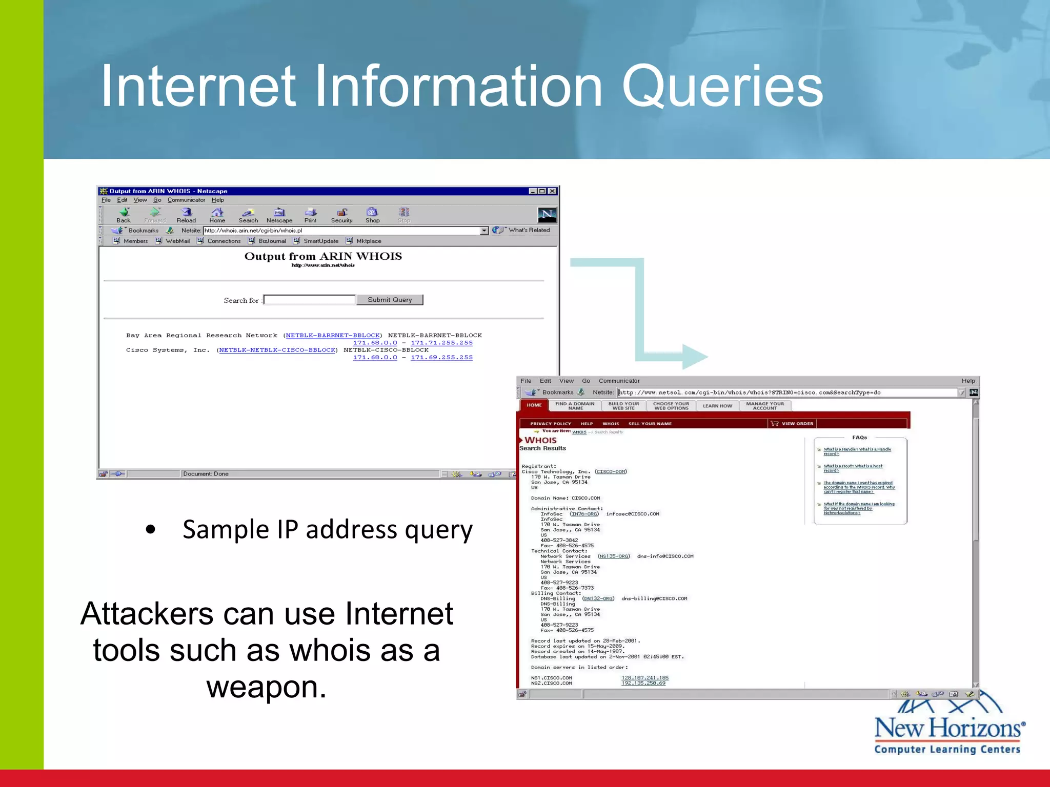 Internet Information Queries Sample IP address query Attackers can use Internet tools such as whois as a weapon. 