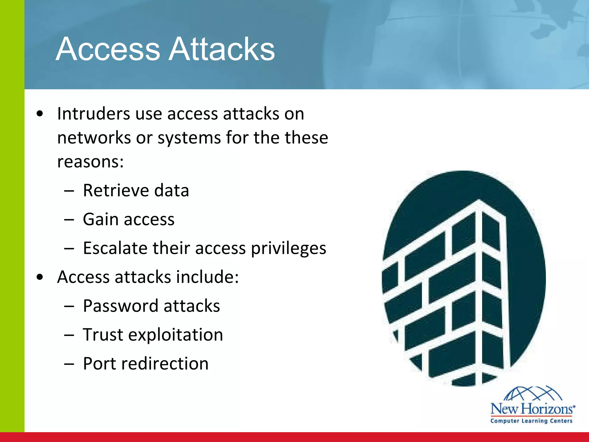 Access Attacks Intruders use access attacks on networks or systems for the these reasons: Retrieve data Gain access Escalate their access privileges Access attacks include: Password attacks Trust exploitation Port redirection  