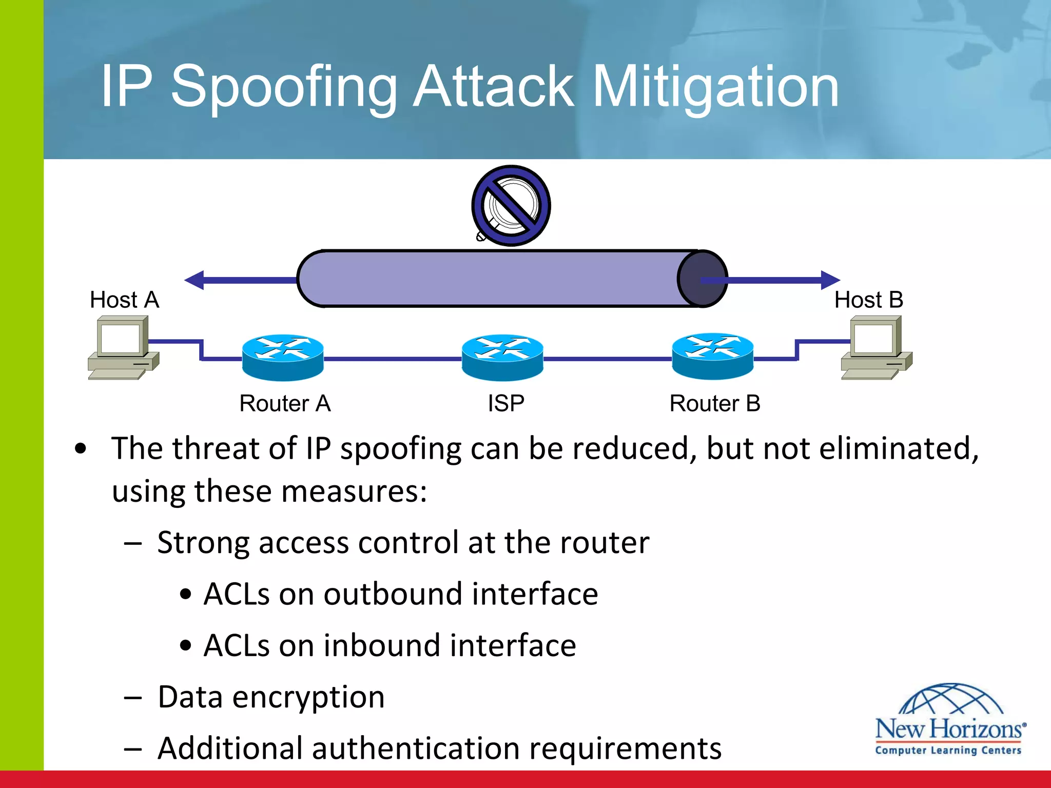 IP Spoofing Attack Mitigation The threat of IP spoofing can be reduced, but not eliminated, using these measures: Strong access control at the router ACLs on outbound interface ACLs on inbound interface Data encryption Additional authentication requirements  Host A Host B Router A  ISP  Router B  IPSec tunnel 
