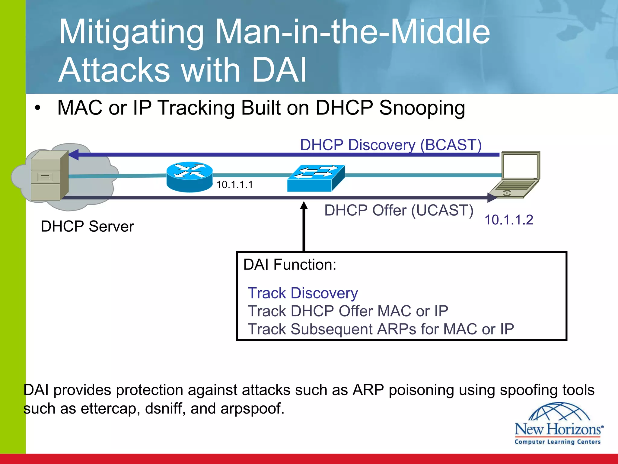 Mitigating Man-in-the-Middle Attacks with DAI MAC or IP Tracking Built on DHCP Snooping 10.1.1.1 DHCP Server DHCP Discovery (BCAST) DHCP Offer (UCAST) DAI provides protection against attacks such as ARP poisoning using spoofing tools such as ettercap, dsniff, and arpspoof. Track Discovery Track DHCP Offer MAC or IP Track Subsequent ARPs for MAC or IP 10.1.1.2 DAI Function: 