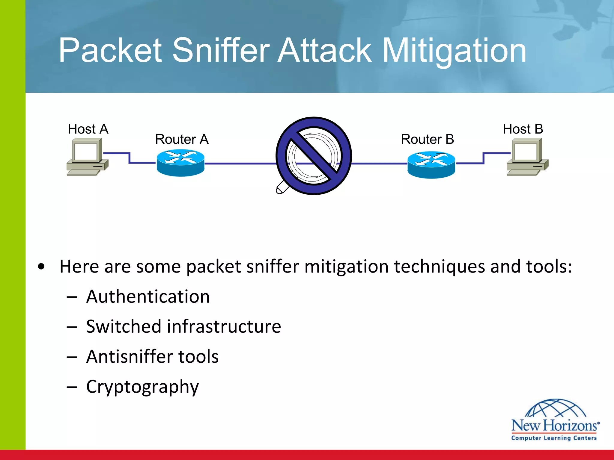 Packet Sniffer Attack Mitigation  Here are some packet sniffer mitigation techniques and tools: Authentication Switched infrastructure Antisniffer tools  Cryptography Host A Host B Router A  Router B  