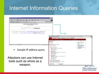 Internet Information Queries Sample IP address query Attackers can use Internet tools such as whois as a weapon. 
