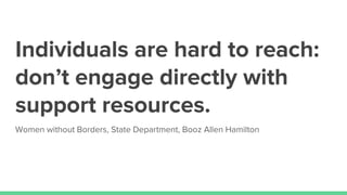 Individuals are hard to reach:
don’t engage directly with
support resources.
Women without Borders, State Department, Booz Allen Hamilton
 