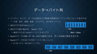 データ→バイト列
• コンピュータ上で，データは2進法での数値や数値列(=「バイト列」)として扱われる
• 文章，音声，画像，動画，プログラム，あらゆるファイル
• 2進法での1桁を1bitという
• 2進法での8桁=8bitを，1byteとする
• 厳密さのためにoctetということも多いです
• 1byteのデータは00～FF (0～255)の範囲にある，28 = 256個の整数を表せる
• 1byteのデータを並べた列を「バイト列」という
• 8つ並べたら「長さ8のバイト列」
10110101
↑1bit
↑ 8bit = 1byte ↑
F8 04 8C 9A DE AD BE EF
↑8bit
 
