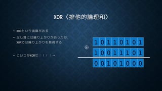 XOR (排他的論理和)
• XORという演算がある
• 足し算には繰り上がりがあったが，
XORでは繰り上がりを無視する
• こいつがXORだ！！！！→
1 0 1 1 0 1 0 1
1 0 0 1 1 1 0 1
0 0 1 0 1 0 0 0
⊕
 