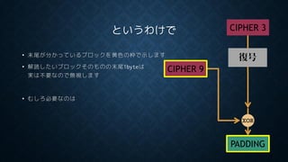 というわけで
• 末尾が分かっているブロックを黄色の枠で示します
• 解読したいブロックそのものの末尾1byteは
実は不要なので無視します
• むしろ必要なのは
PADDING
復号
CIPHER 3
XOR
CIPHER 9
 