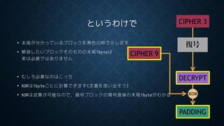 というわけで
• 末尾が分かっているブロックを黄色の枠で示します
• 解読したいブロックそのものの末尾1byteは
実は必要ではありません
• むしろ必要なのはこっち
• XORは1byteごとに計算できます(定義を思い出そう)
• XORは逆算が可能なので，暗号ブロックの復号直後の末尾1byteがわかる
PADDING
復号
CIPHER 3
XOR
CIPHER 9
DECRYPT
 