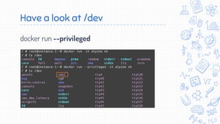 Have a look at /dev
docker run --privileged
 