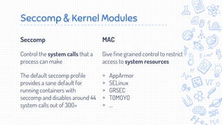 Seccomp
Control the system calls that a
process can make
The default seccomp profile
provides a sane default for
running containers with
seccomp and disables around 44
system calls out of 300+
Seccomp & Kernel Modules
MAC
Give fine grained control to restrict
access to system resources
» AppArmor
» SELinux
» GRSEC
» TOMOYO
» …
 