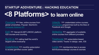 <8 Platforms> to learn online
STARTUP ADDVENTURE:: HACKING EDUCATION
Coursera >> free, online courses from
global universi...