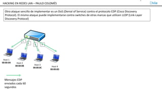 TALLER DE HACKING EN REDES LAN – PAULO COLOMÉS
Otro ataque sencillo de implementar es un DoS (Denial of Service) contra el protocolo CDP (Cisco Discovery
Protocol). El mismo ataque puede implementarse contra switches de otras marcas que utilicen LLDP (Link-Layer
Discovery Protocol)
1
2
3 4
Host 2
00:00:0B Host 3
00:00:0C Host 4
00:00:0D
Switch 1
Host 1
00:00:0A
Mensajes CDP
enviados cada 60
segundos
HACKING EN REDES LAN – PAULO COLOMÉS
 