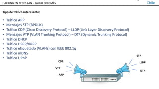 TALLER DE HACKING EN REDES LAN – PAULO COLOMÉS
Tipo de tráfico interesante:
• Tráfico ARP
• Mensajes STP (BPDUs)
• Tráfico CDP (Cisco Discovery Protocol) – LLDP (Link Layer Discovery Protocol)
• Mensajes VTP (VLAN Trunking Protocol) – DTP (Dynamic Trunking Protocol)
• Tráfico DHCP
• Tráfico HSRP/VRRP
• Tráfico etiquetado (VLANs) con IEEE 802.1q
• Tráfico mDNS
• Tráfico UPnP
CDP
VTP
ARP
STP
LLDP
DTP
HACKING EN REDES LAN – PAULO COLOMÉS
 