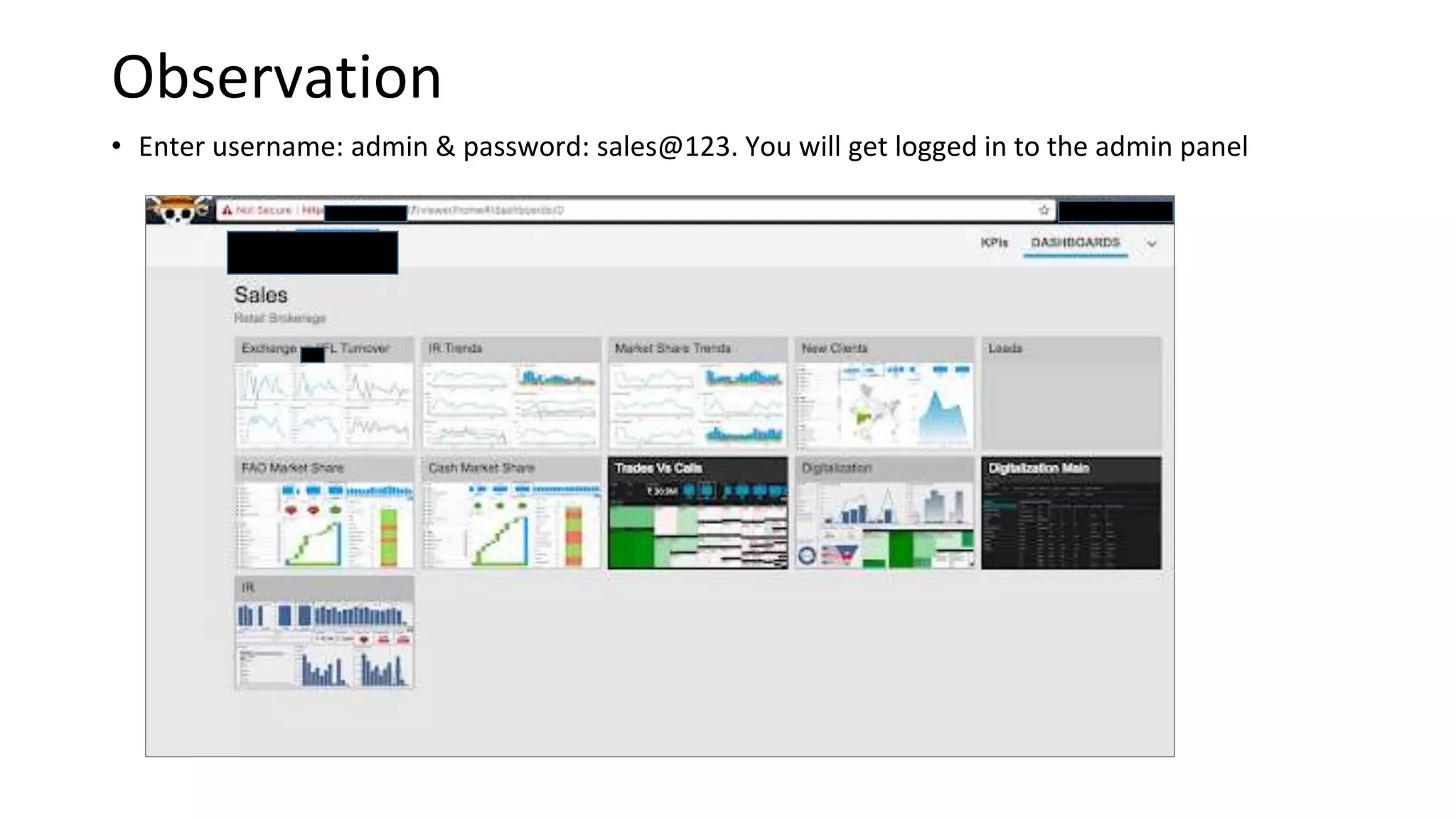 Observation
• Enter username: admin & password: sales@123. You will get logged in to the admin panel
 