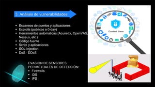 3. Análisis de vulnerabilidades
 Escaneos de puertos y aplicaciones
 Exploits (públicos o 0-day)
 Herramientas automáticas (Acunetix, OpenVAS,
Nessus, etc.)
 Código fuente
 Script y aplicaciones
 SQL Injection
 DoS – DDoS
EVASION DE SENSORES
PERIMETRALES DE DETECCIÓN:
 Firewalls
 IDS
 IPS
 